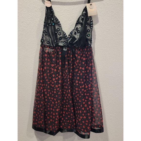 NWT Spree Intimates Black w/ Red Hearts Lingerie Set, L- Style #190 DOTHEART - Picture 2 of 6